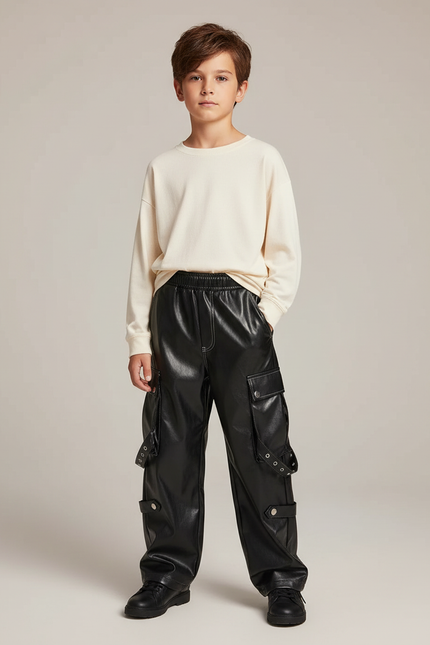 Pantalon Cargo Noir Similicuir Ample Rivets - Simili cuir