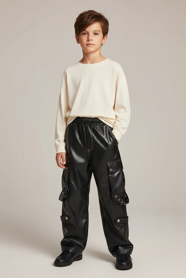Pantalon Cargo Noir Similicuir Ample Rivets - Simili cuir