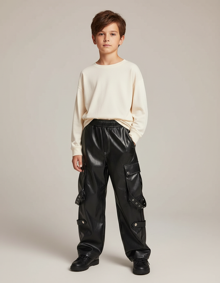 Pantalon Cargo Noir Similicuir Ample Rivets - Simili cuir