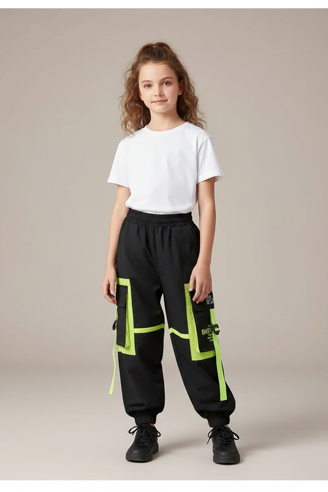 Pantalon Cargo Noir Fluo Décontracté Multipoches Enfant - Polyester