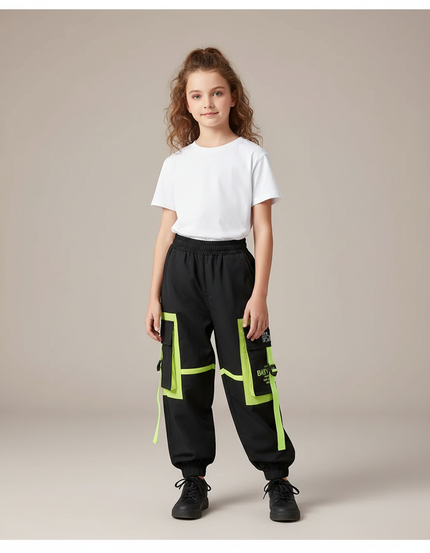 Pantalon Cargo Noir Fluo Décontracté Multipoches Enfant - Polyester