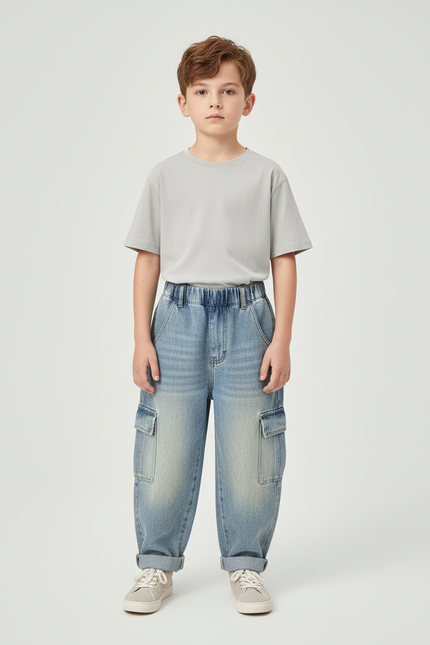 Pantalon Cargo Jean Ample Poches Latérales Garçon - Bleu