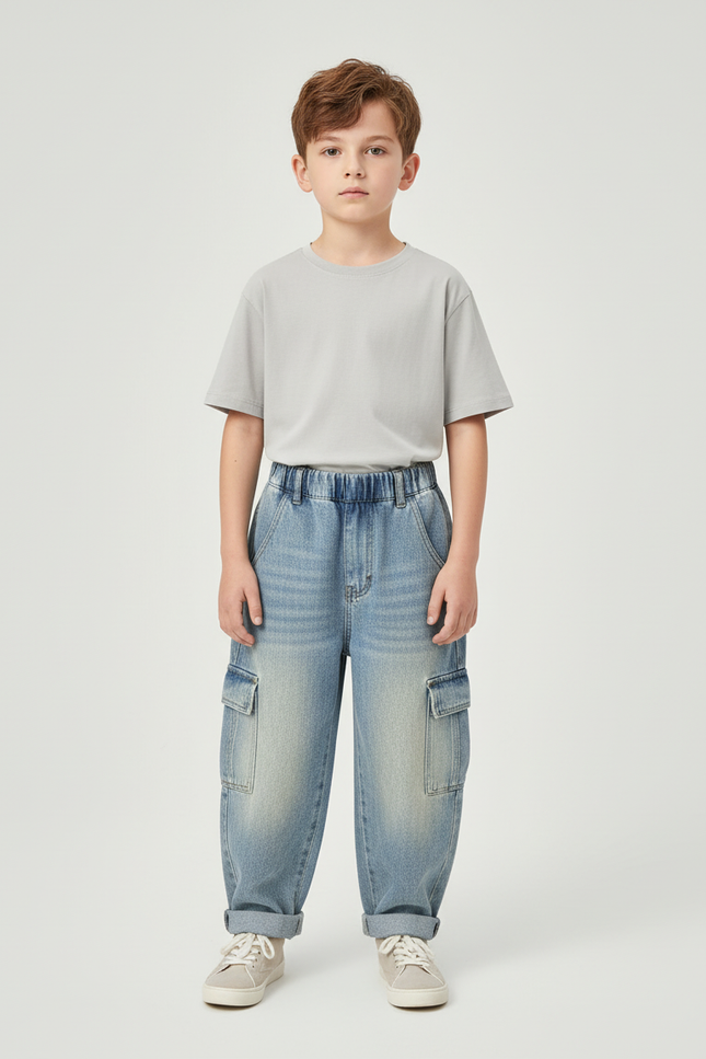 Pantalon Cargo Jean Ample Poches Latérales Garçon - Bleu
