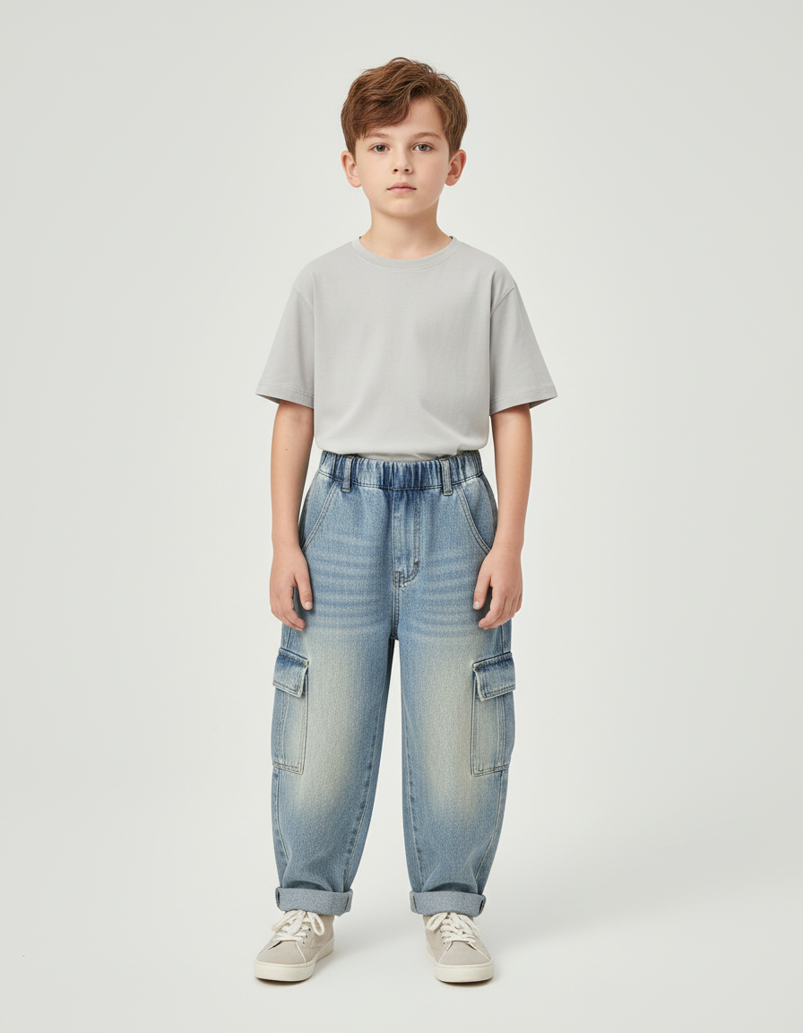 Pantalon Cargo Jean Ample Poches Latérales Garçon - Bleu
