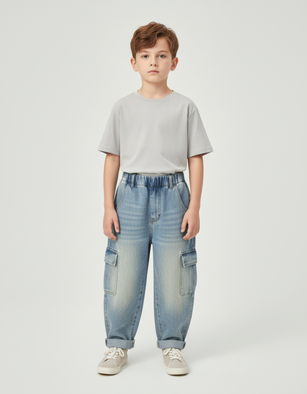 Pantalon Cargo Jean Ample Poches Latérales Garçon - Bleu