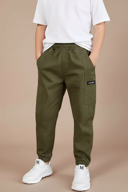 Pantalon Cargo Vert Kaki Coton Élastique Garçon