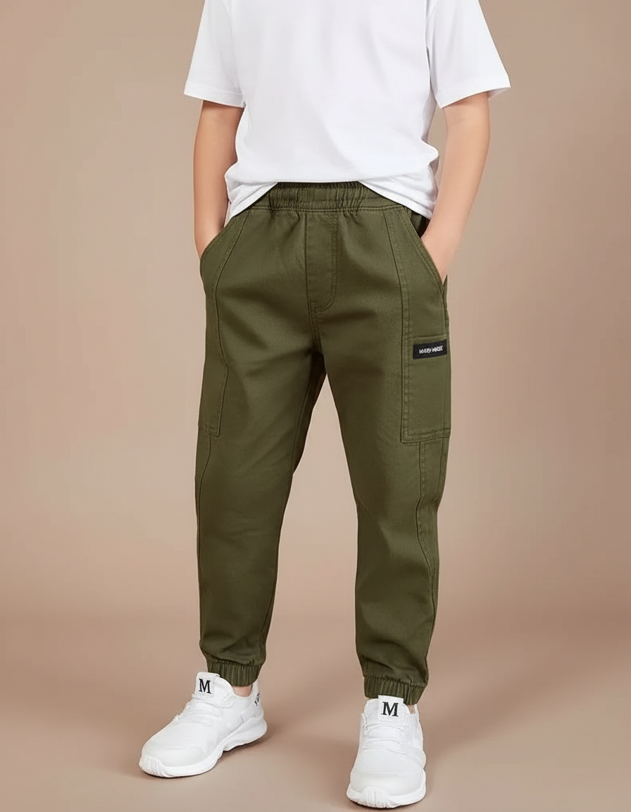 Pantalon Cargo Vert Kaki Coton Élastique Garçon