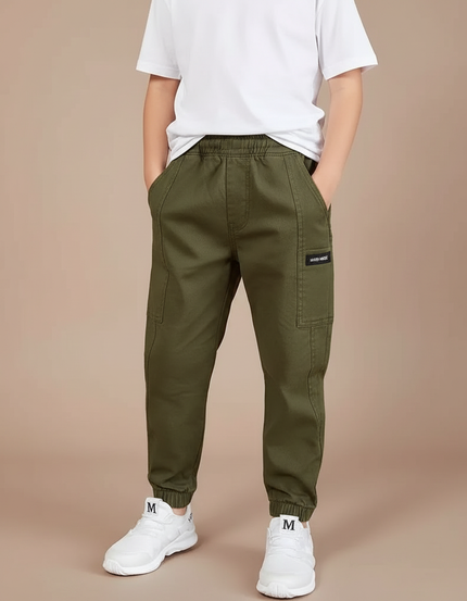 Pantalon Cargo Vert Kaki Coton Élastique Garçon