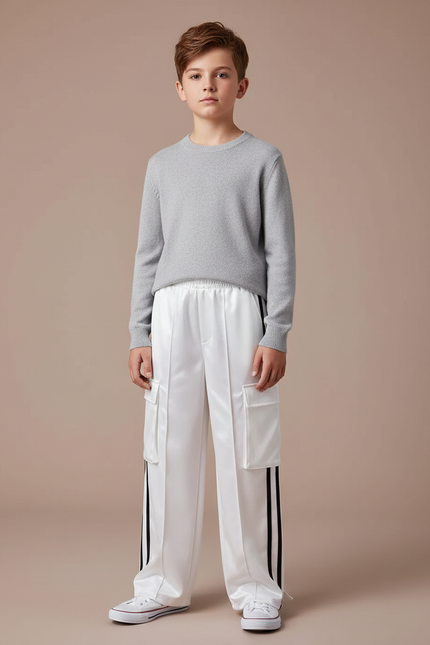 Pantalon Cargo Blanc Satiné Rayures Noires Ample