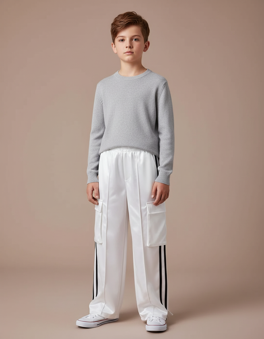 Pantalon Cargo Blanc Satiné Rayures Noires Ample
