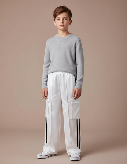 Pantalon Cargo Blanc Satiné Rayures Noires Ample
