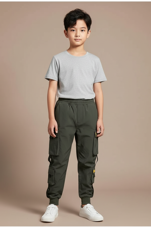 Pantalon Cargo Vert Kaki Ample Multipoches Décontracté Garçon - Polyester