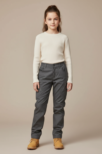 Pantalon Cargo Gris Enfant Coupe Droite Multipoches - Gabardine
