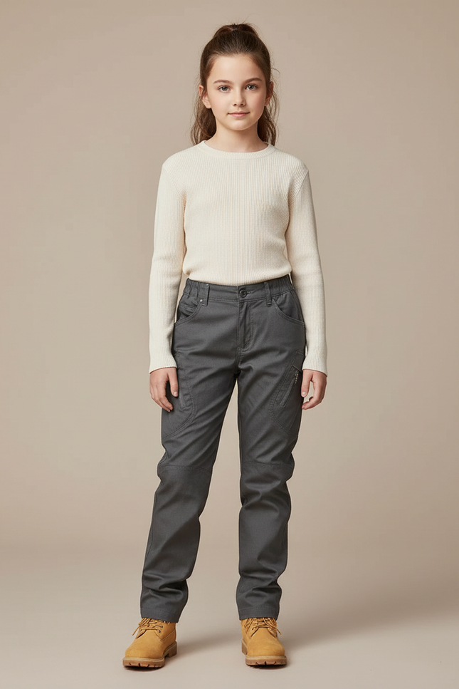 Pantalon Cargo Gris Enfant Coupe Droite Multipoches - Gabardine