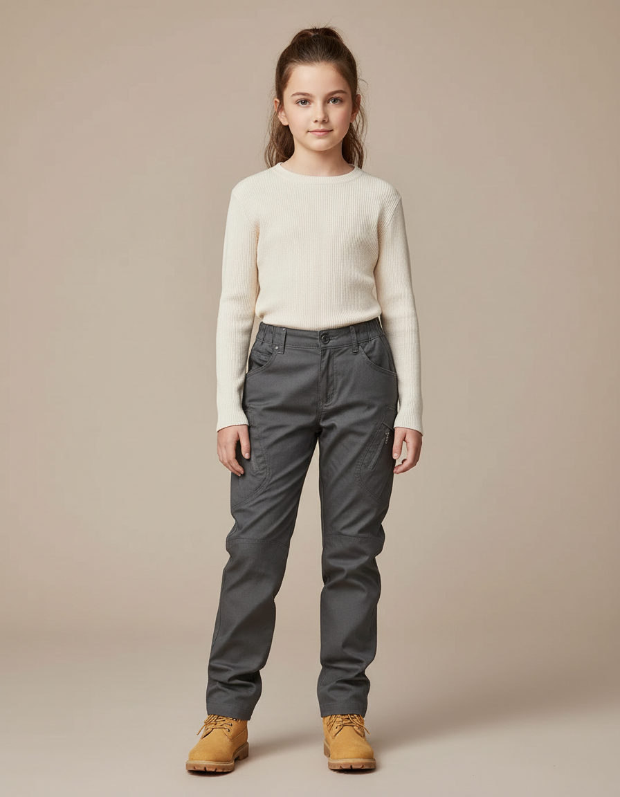 Pantalon Cargo Gris Enfant Coupe Droite Multipoches - Gabardine