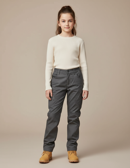 Pantalon Cargo Gris Enfant Coupe Droite Multipoches - Gabardine