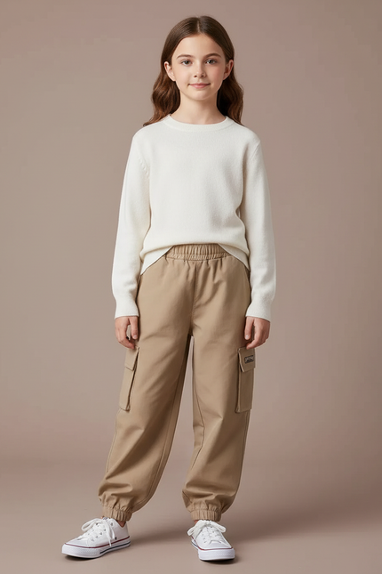 Pantalon Cargo Beige Ample Poches Enfant - Coton