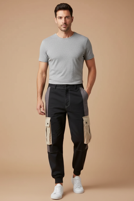Pantalon Cargo Homme Noir Patchwork Poches Streetwear - Toile