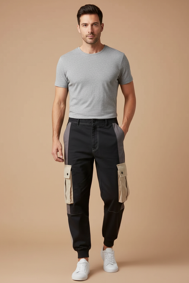 Pantalon Cargo Homme Noir Patchwork Poches Streetwear - Toile