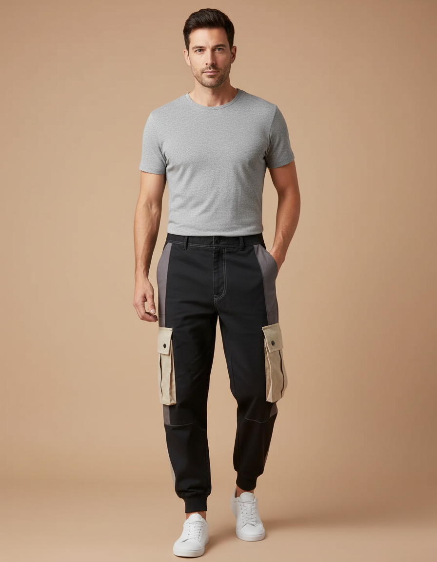 Pantalon Cargo Homme Noir Patchwork Poches Streetwear - Toile