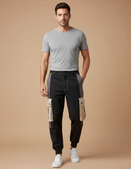 Pantalon Cargo Homme Noir Patchwork Poches Streetwear - Toile