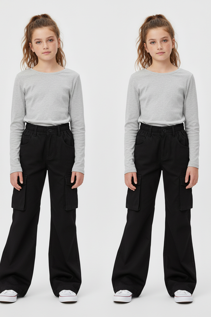 Pantalon Cargo Noir Fille Évasé Ample Taille Haute - Toile