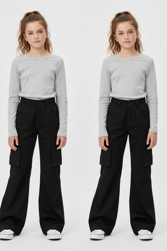 Pantalon Cargo Noir Fille Évasé Ample Taille Haute - Toile