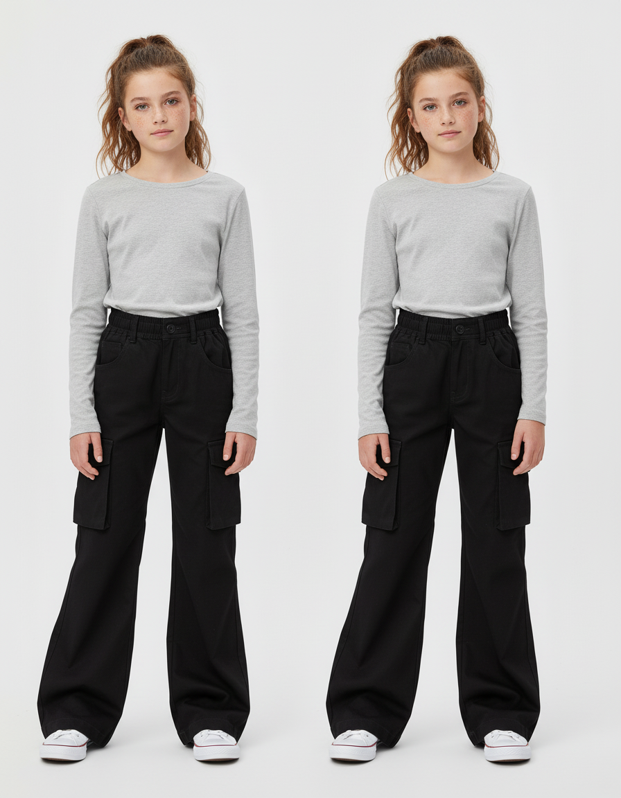 Pantalon Cargo Noir Fille Évasé Ample Taille Haute - Toile