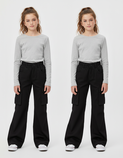 Pantalon Cargo Noir Fille Évasé Ample Taille Haute - Toile