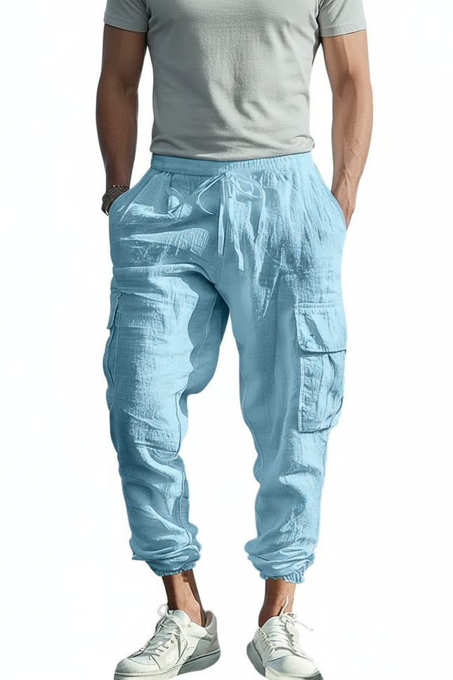 Pantalon Cargo Bleu Clair Lin Décontracté Multipoches Homme