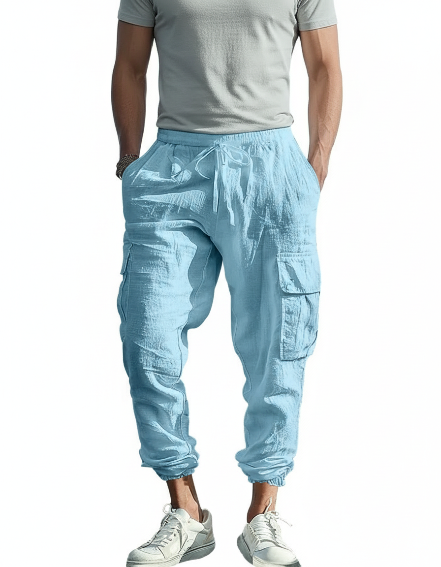 Pantalon Cargo Bleu Clair Lin Décontracté Multipoches Homme