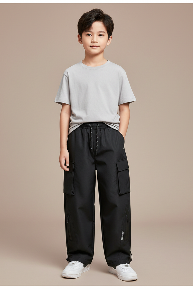 Pantalon Cargo Noir Fluide Décontracté Enfant Multipoches - Polyester