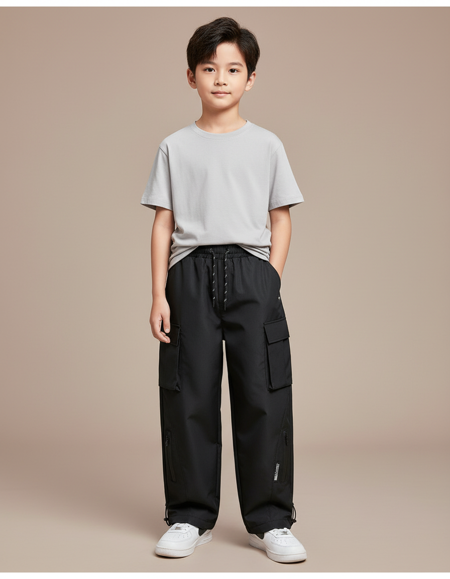 Pantalon Cargo Noir Fluide Décontracté Enfant Multipoches - Polyester