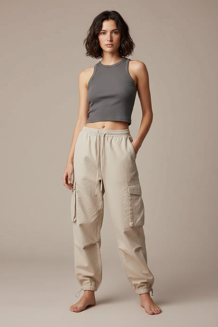 Pantalon Cargo Beige Ample Cordon Taille Élastique - Coton
