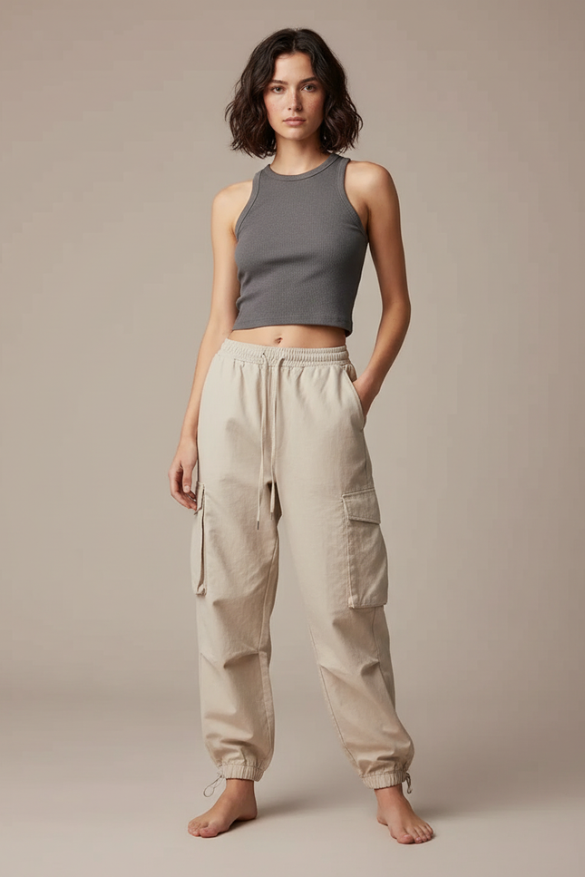 Pantalon Cargo Beige Ample Cordon Taille Élastique - Coton
