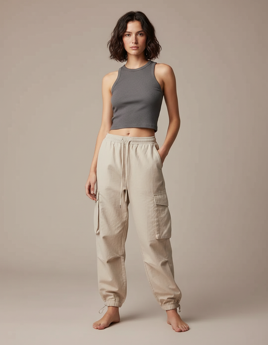 Pantalon Cargo Beige Ample Cordon Taille Élastique - Coton