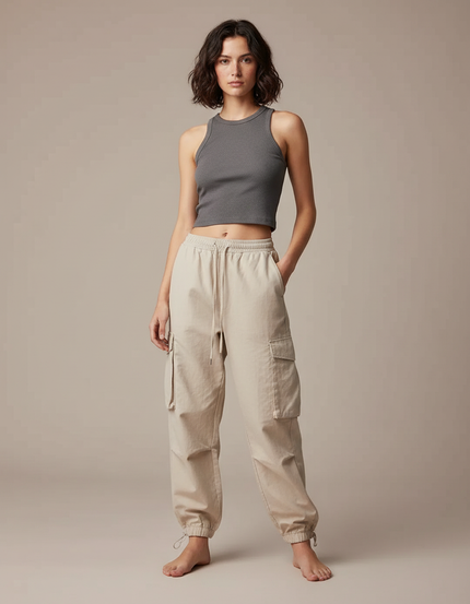 Pantalon Cargo Beige Ample Cordon Taille Élastique - Coton