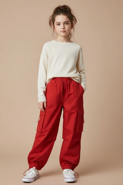Pantalon Cargo Rouge Ample Multipoches Fille - Coton