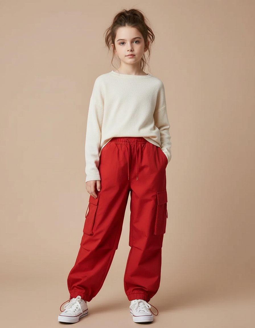 Pantalon Cargo Rouge Ample Multipoches Fille - Coton