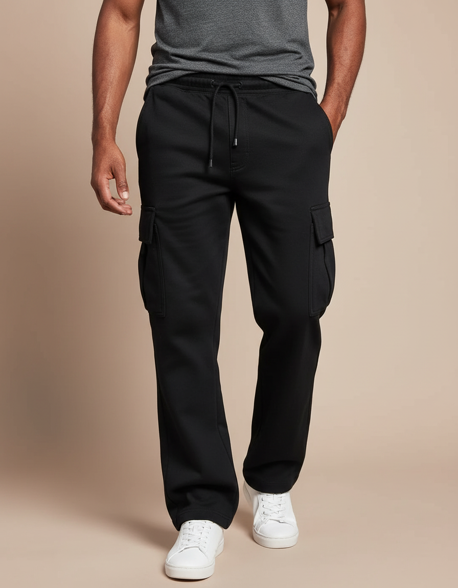 Pantalon Cargo Noir Décontracté Ample Multi-Poches Homme - Molleton