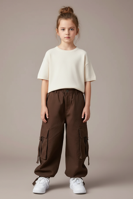 Pantalon Cargo Marron Ample Enfant Multipoches Coton - Toile