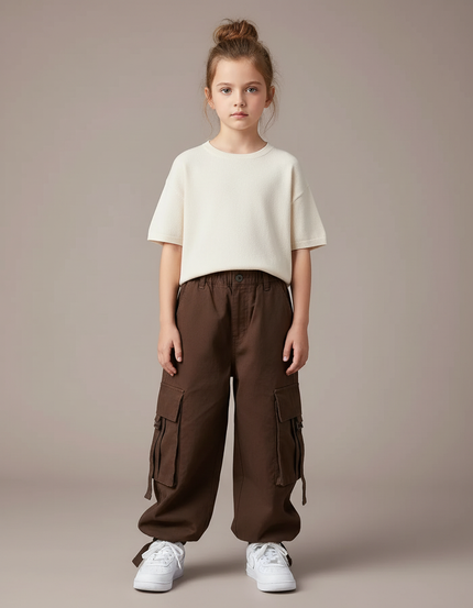 Pantalon Cargo Marron Ample Enfant Multipoches Coton - Toile