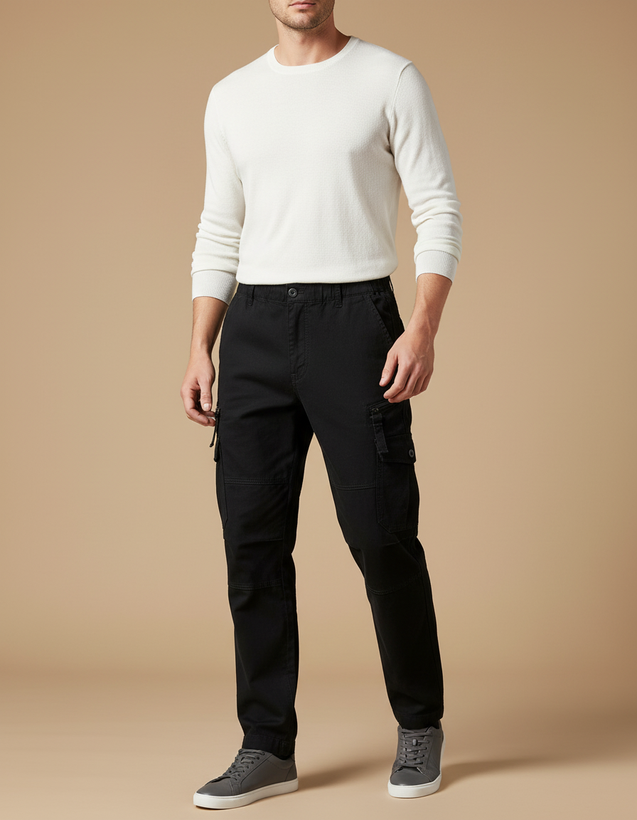 Pantalon Cargo Noir Coton Multipoches Confortable Moderne Homme