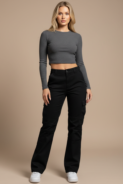 Pantalon Cargo Noir Droit Ample Décontracté Femme - Coton
