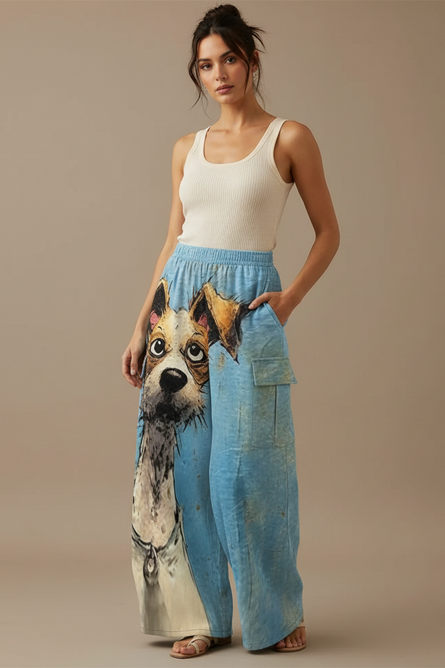 Pantalon Cargo Bleu Ample Imprimé Chien Décontracté - Lin