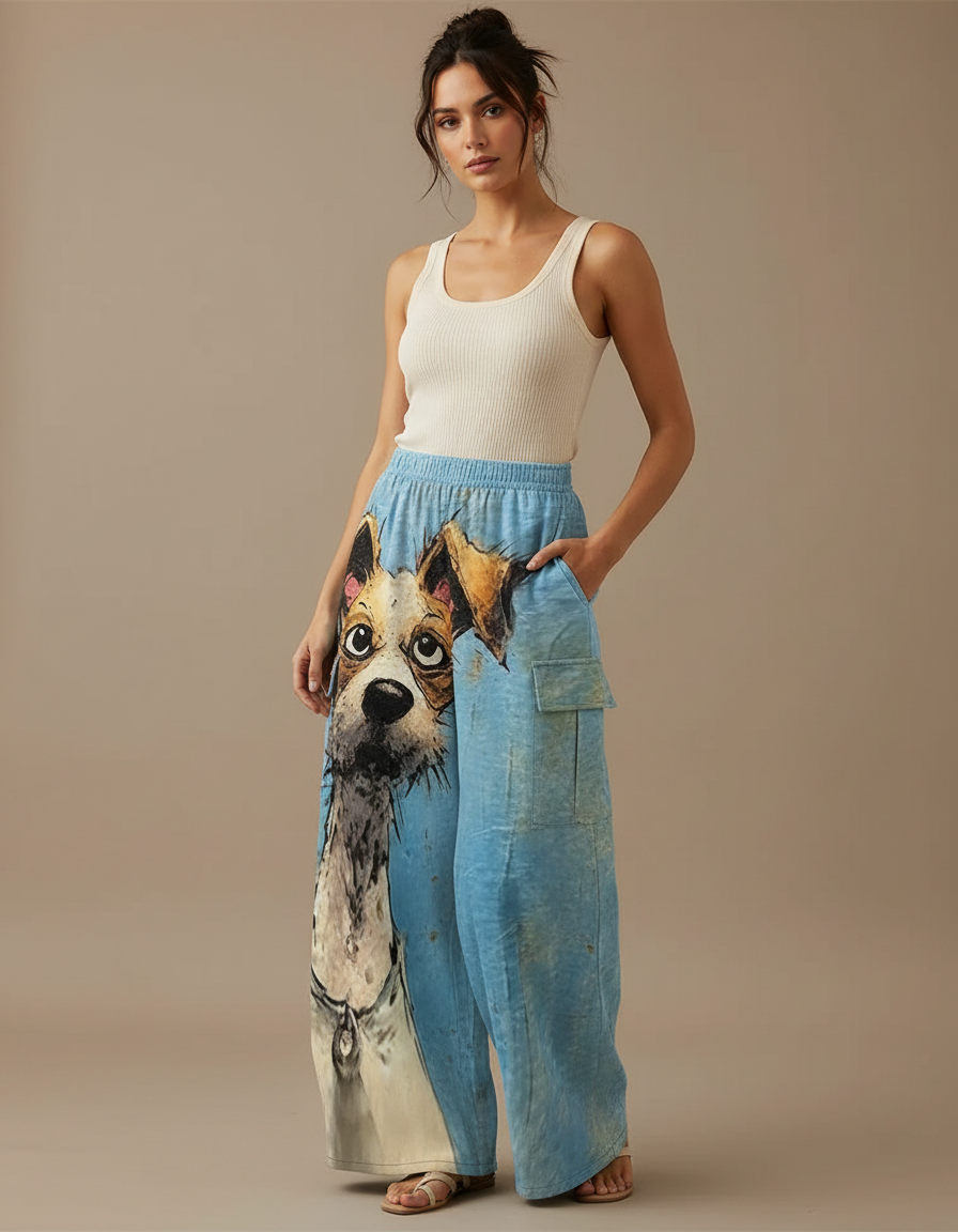Pantalon Cargo Bleu Ample Imprimé Chien Décontracté - Lin