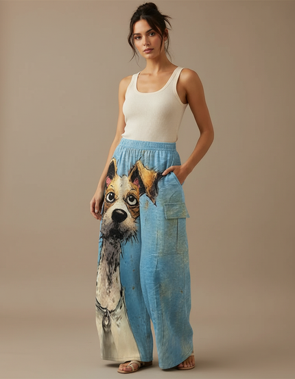 Pantalon Cargo Bleu Ample Imprimé Chien Décontracté - Lin