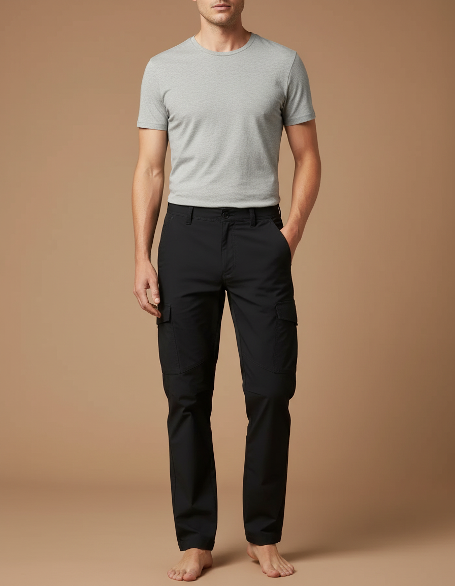 Pantalon Cargo Noir Homme Multipoches Décontracté Simple - Polyester