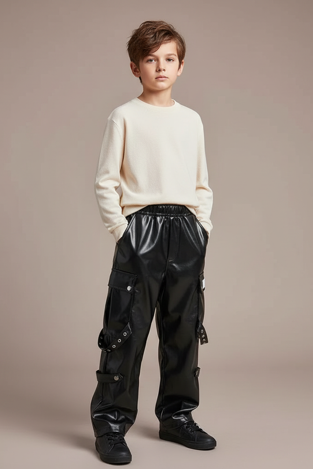 Pantalon Cargo Noir Similicuir Ample Rivets Garçon - Simili cuir