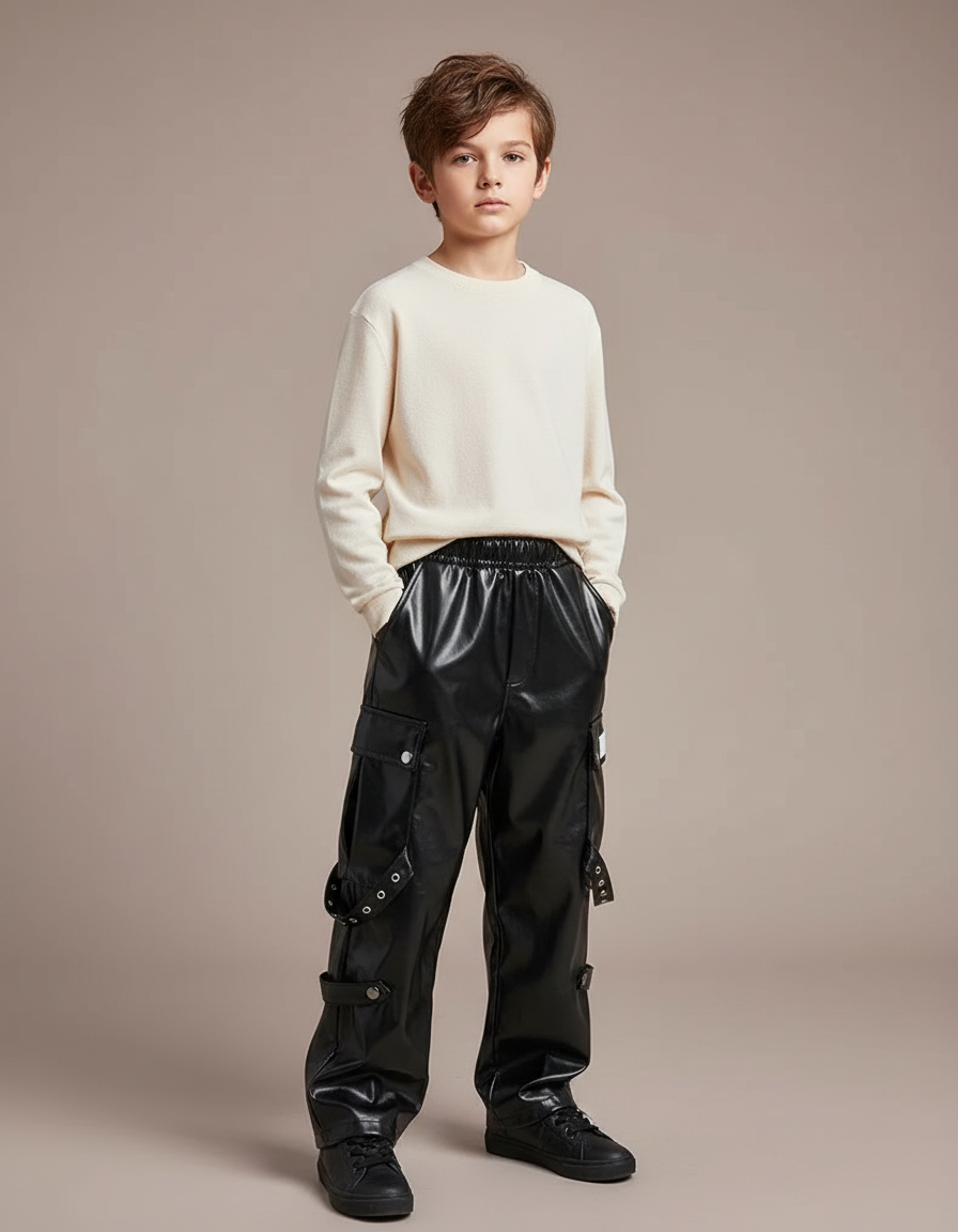 Pantalon Cargo Noir Similicuir Ample Rivets Garçon - Simili cuir